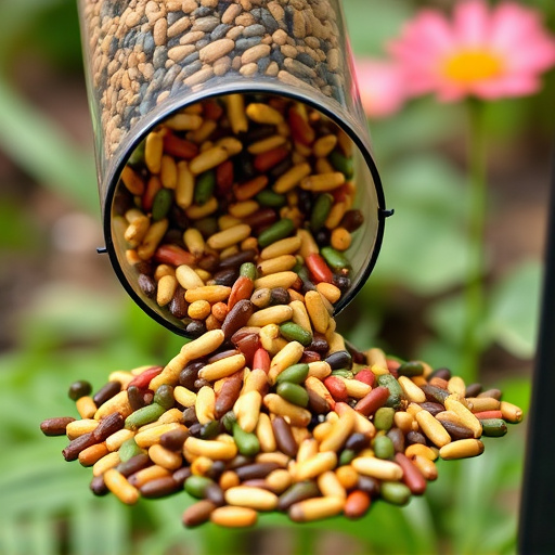 Mixed seeds spilling from garden feeder