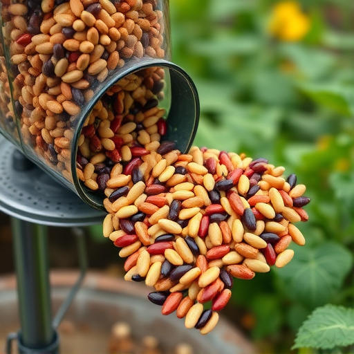 Mixed seeds spilling from garden feeder