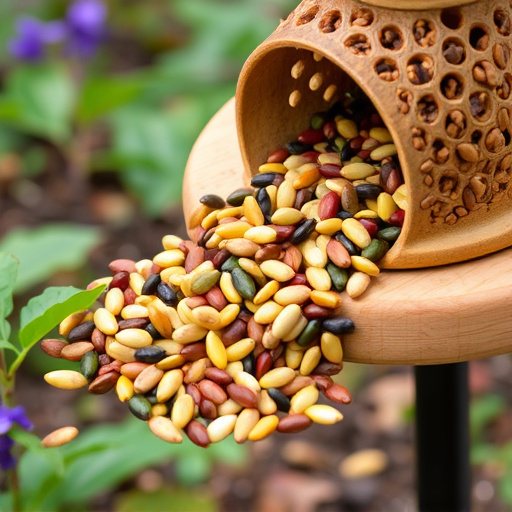 Mixed seeds spilling from garden feeder