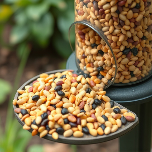 Mixed seeds spilling from garden feeder