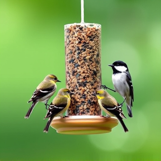 Mixed tits feeding on hanging suet feeder