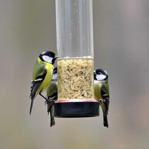 Mixed tits feeding on hanging suet feeder