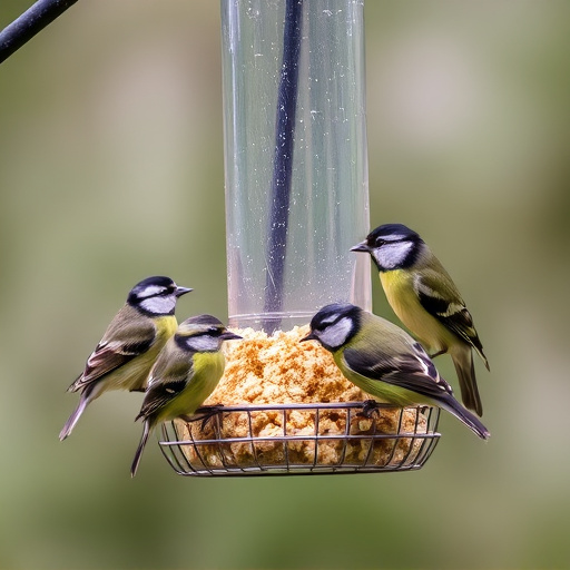 Mixed tits feeding on hanging suet feeder
