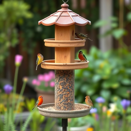 Multi-level bird feeding station in garden