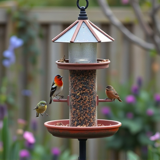 Multi-level bird feeding station in garden