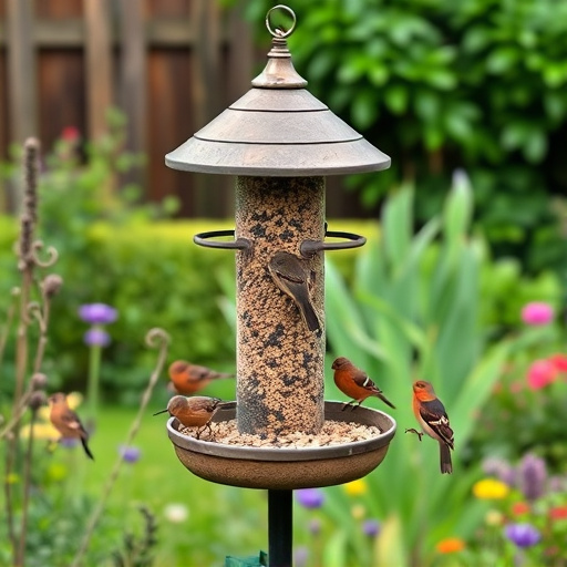 Multi-level bird feeding station in garden