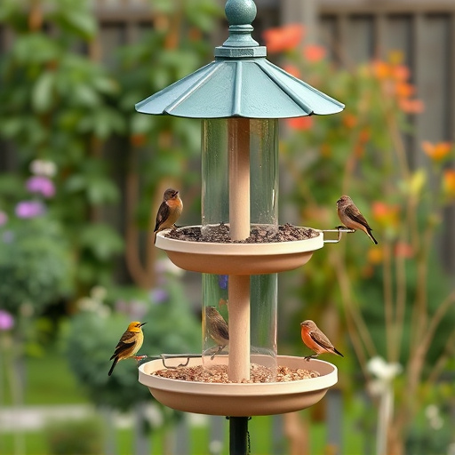 Multi-level bird feeding station in garden
