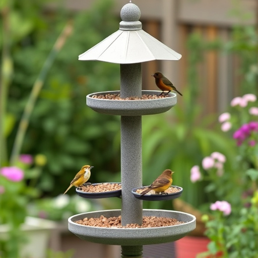 Multi-level bird feeding station in garden