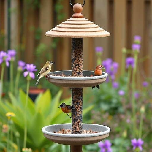 Multi-level bird feeding station in garden