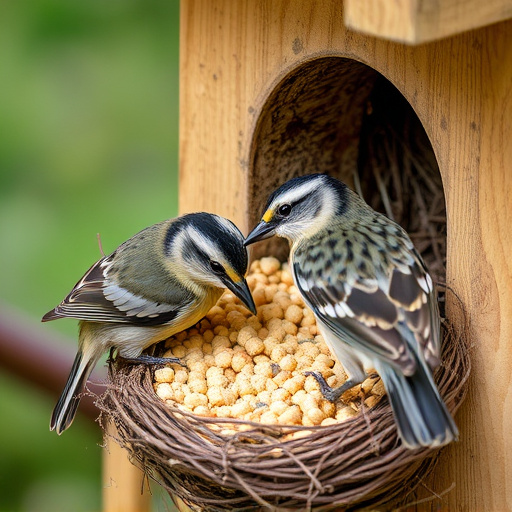 Nesting birds feeding on suet pellets
