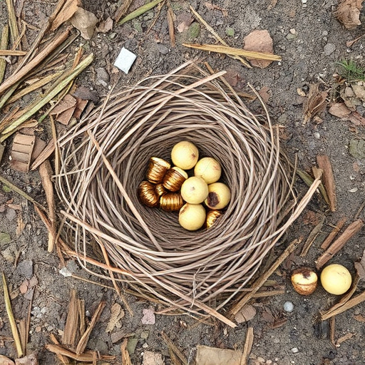 Nesting material scattered on ground