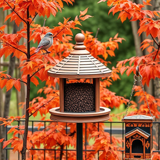 Outdoor feeder surrounded by autumn foliage