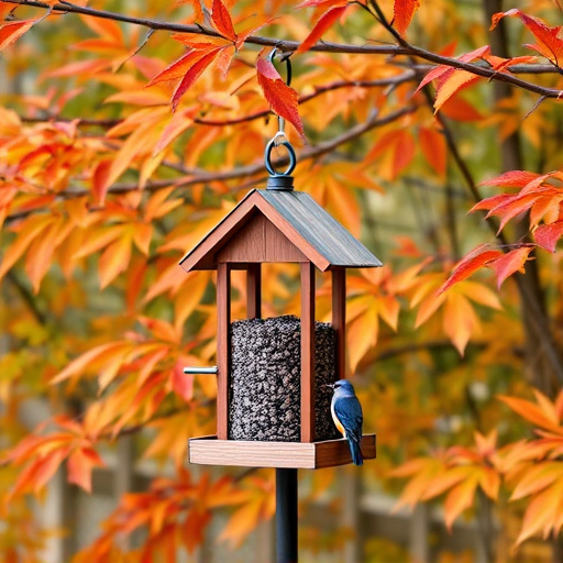 Outdoor feeder surrounded by autumn foliage