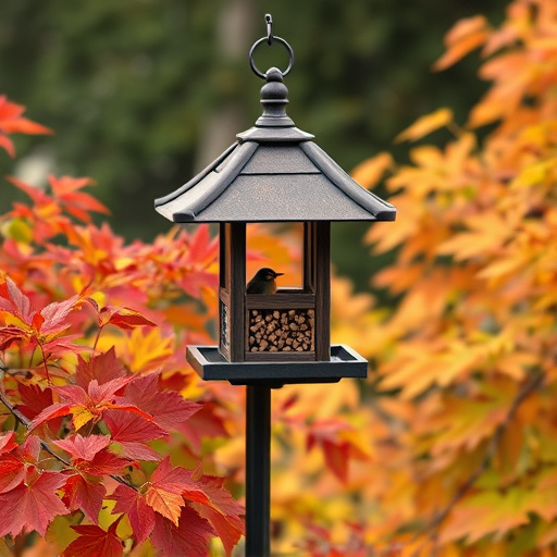 Outdoor feeder surrounded by autumn foliage
