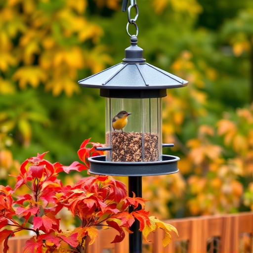 Outdoor feeder surrounded by autumn foliage