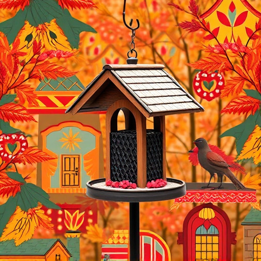 Outdoor feeder surrounded by autumn foliage