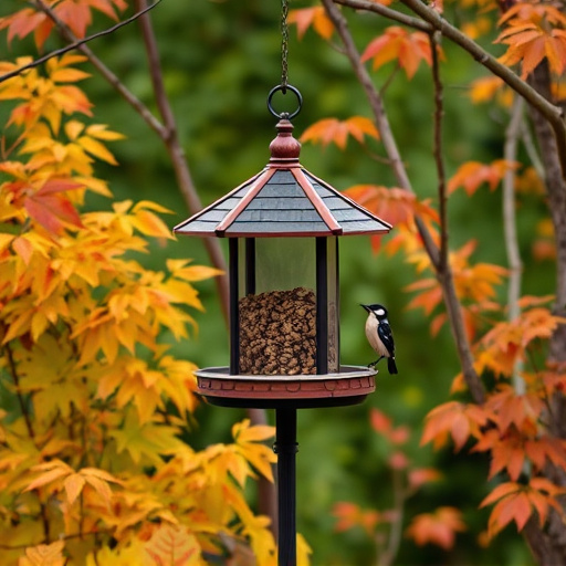 Outdoor feeder surrounded by autumn foliage