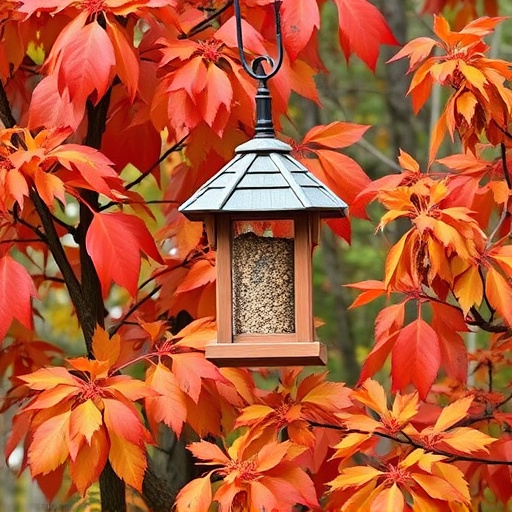 Outdoor feeder surrounded by autumn foliage