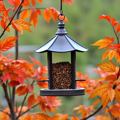 Outdoor feeder surrounded by autumn foliage