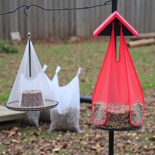 Outdoor scene with feeders and seed bags