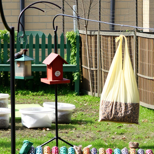 Outdoor scene with feeders and seed bags