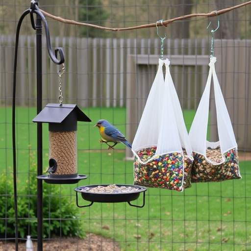 Outdoor scene with feeders and seed bags