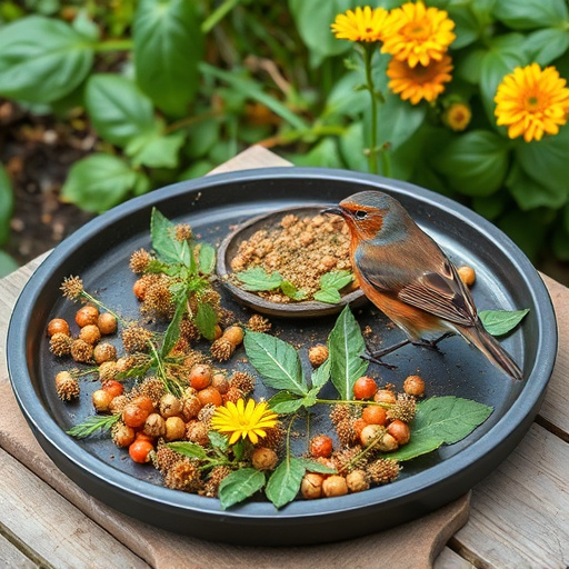 Outdoor tray with robin-attracting seeds