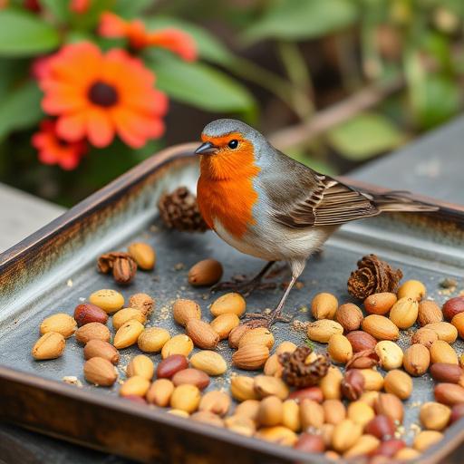 Outdoor tray with robin-attracting seeds