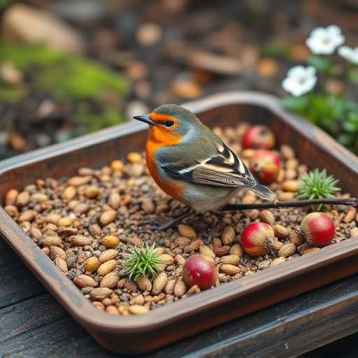 Outdoor tray with robin-attracting seeds