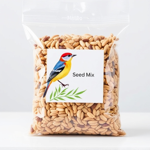 Packaged bird seed mix with label visible