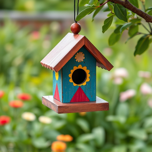 Painted birdhouse hanging in garden