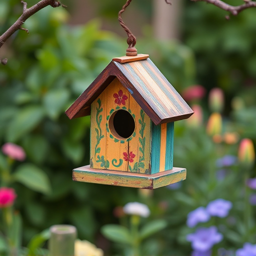 Painted birdhouse hanging in garden
