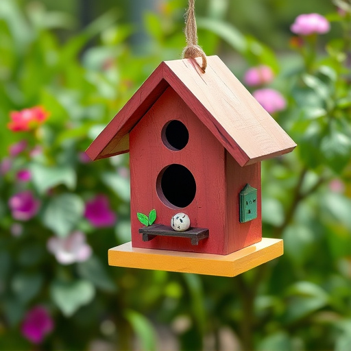 Painted birdhouse hanging in garden
