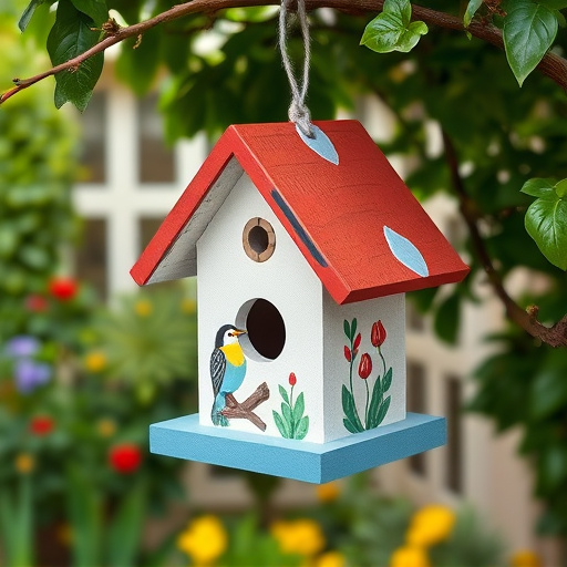 Painted birdhouse hanging in garden