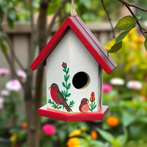 Painted birdhouse hanging in garden