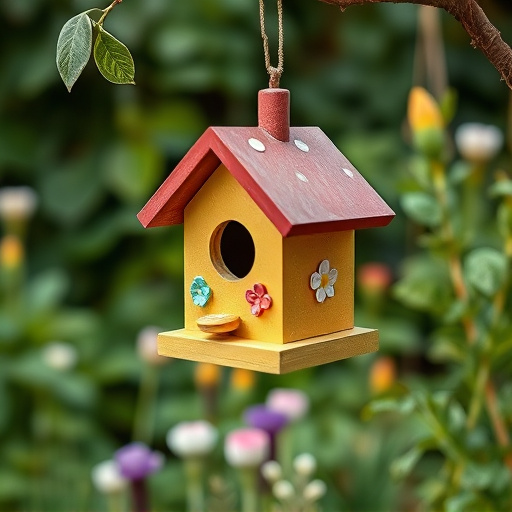Painted birdhouse hanging in garden