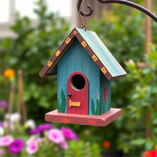 Painted birdhouse hanging in garden