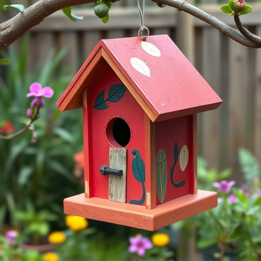 Painted birdhouse hanging in garden