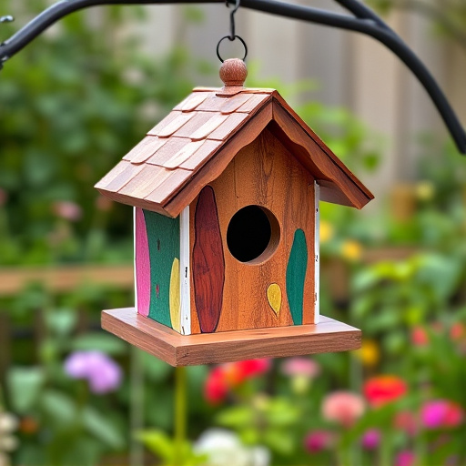 Painted birdhouse hanging in garden