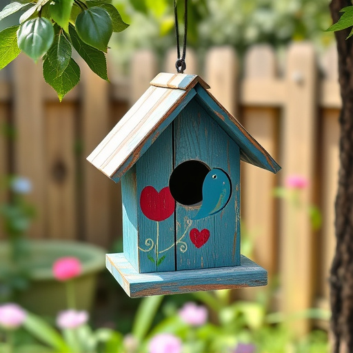 Painted birdhouse hanging in garden