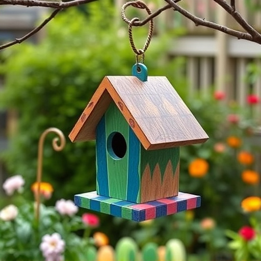Painted birdhouse hanging in garden