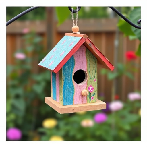 Painted birdhouse hanging in garden