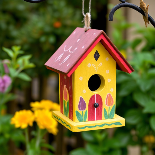 Painted birdhouse hanging in garden