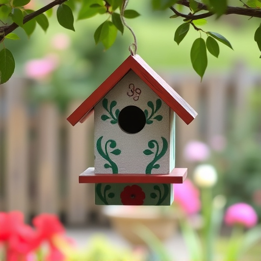 Painted birdhouse hanging in garden