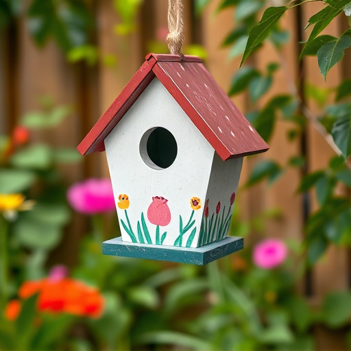 Painted birdhouse hanging in garden