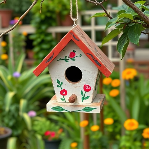 Painted birdhouse hanging in garden