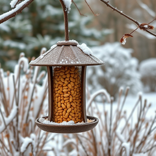 Peanut feeder surrounded by winter garden scenery
