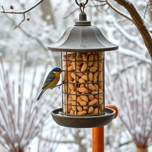 Peanut feeder surrounded by winter garden scenery