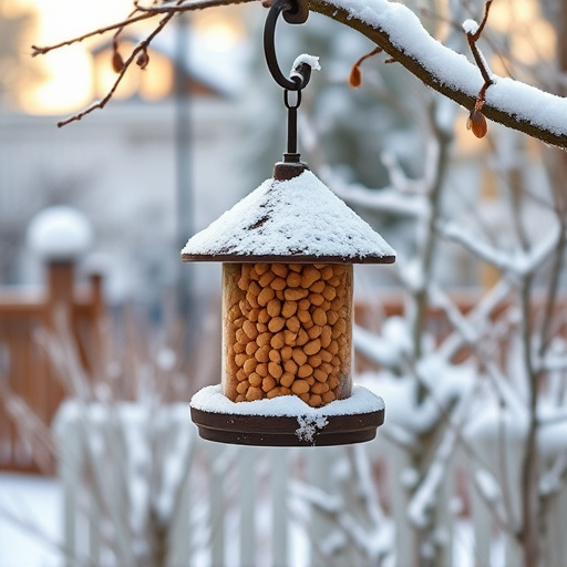 Peanut feeder surrounded by winter garden scenery