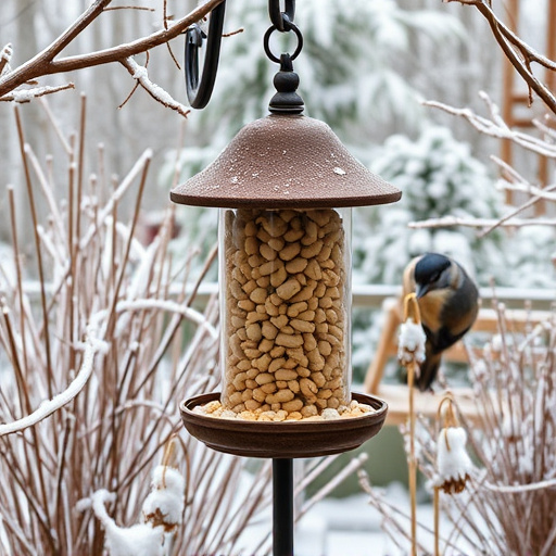 Peanut feeder surrounded by winter garden scenery